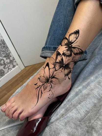 4pcs Black Butterfly & Floral Temporary Tattoo Stickers, Sexy Realistic Rose, Butterfly And English Phrase Design, Waterproof Body Art For Women, Easy To Apply And Remove, Sexy Dancer Design, Suitable