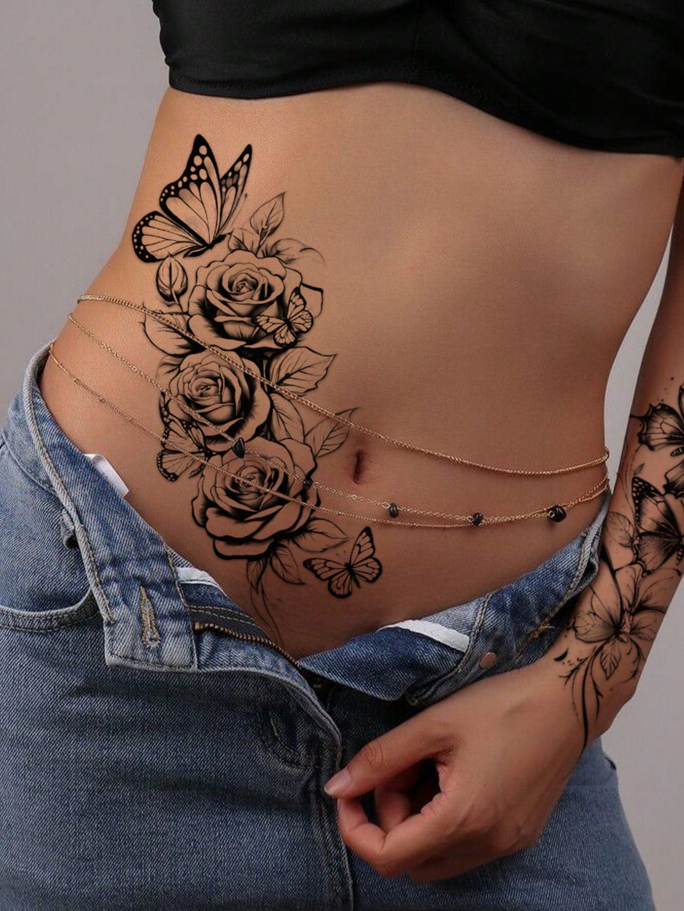4pcs Black Butterfly & Floral Temporary Tattoo Stickers, Sexy Realistic Rose, Butterfly And English Phrase Design, Waterproof Body Art For Women, Easy To Apply And Remove, Sexy Dancer Design, Suitable