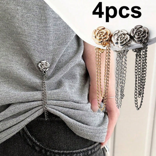 4pcs Camellia Flower T-Shirt Button Set, Includes Short Sleeve Adjustable Button, Hem Fixation Button, Shortening Clip, Garment Fixing Button, Decorative Button, Fashion Clip, Durable Clip, Metal Fast