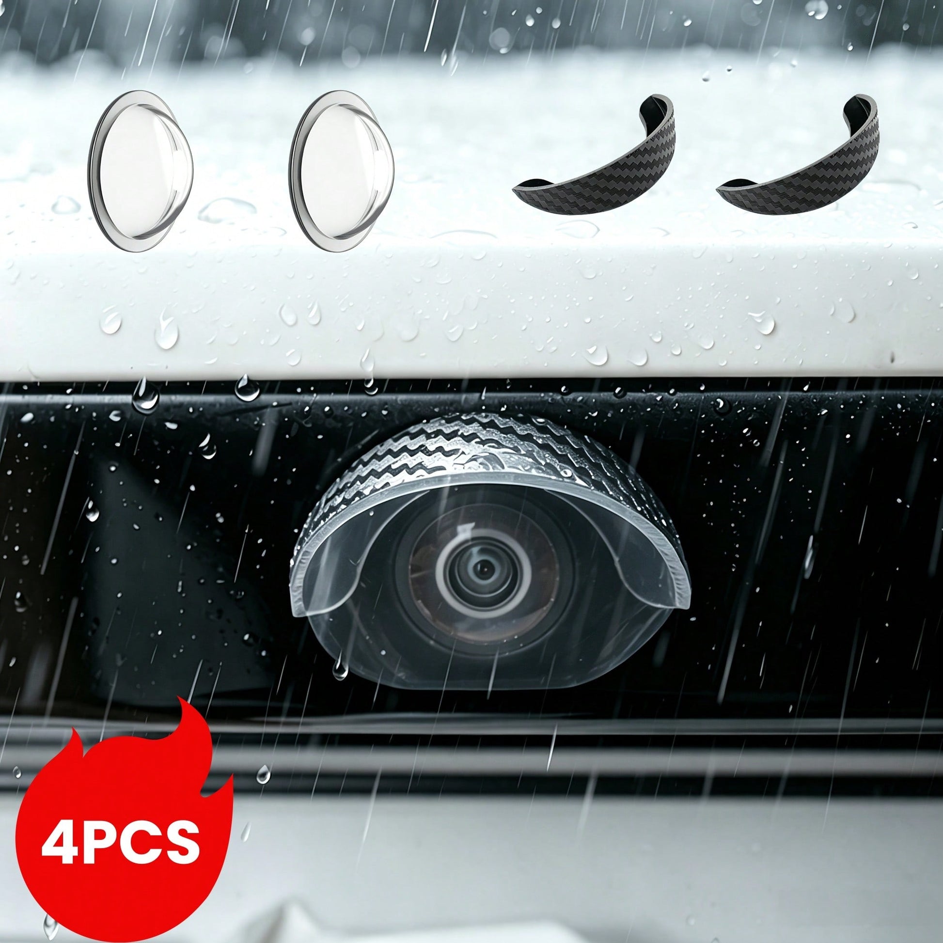 4pcs Car Reverse Camera Rain Cover, Self-Adhesive Waterproof Rearview Camera Sunshade, Carbon Fiber Texture Rain & Snow Proof Camera Lens Protector, Dustproof & Waterproof Car Parking Camera Sunshade