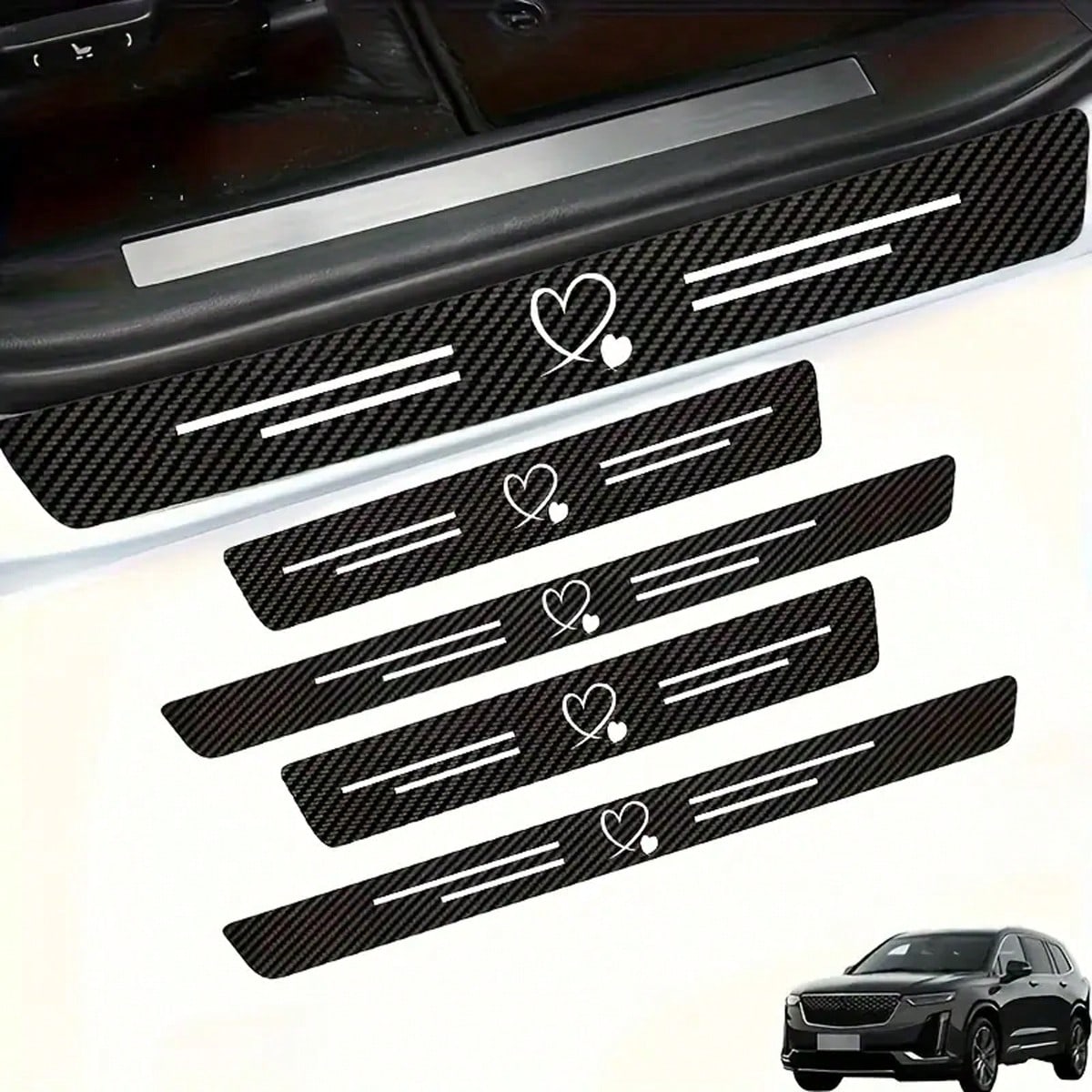4pcs Carbon Fiber Heart-Shaped Door Sill Protectors- Anti-Scratch, Anti-Collision, Easy Installation, Anti-Slip, Elastic Installation, Protect Car Door Edges, Suitable For All Models, Durable Black C