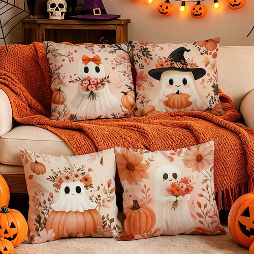 4pcs Halloween Ghost & Pumpkin Pattern Pillowcases/Cushion Covers, Single-Sided Print, Multi-Scene Atmosphere Decor Pillowcases Suitable For Living Room, Sofa, Bedroom, Pillow Inserts Not Included