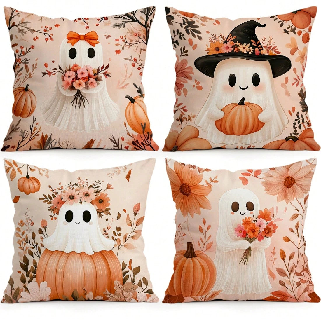 4pcs Halloween Ghost & Pumpkin Pattern Pillowcases/Cushion Covers, Single-Sided Print, Multi-Scene Atmosphere Decor Pillowcases Suitable For Living Room, Sofa, Bedroom, Pillow Inserts Not Included