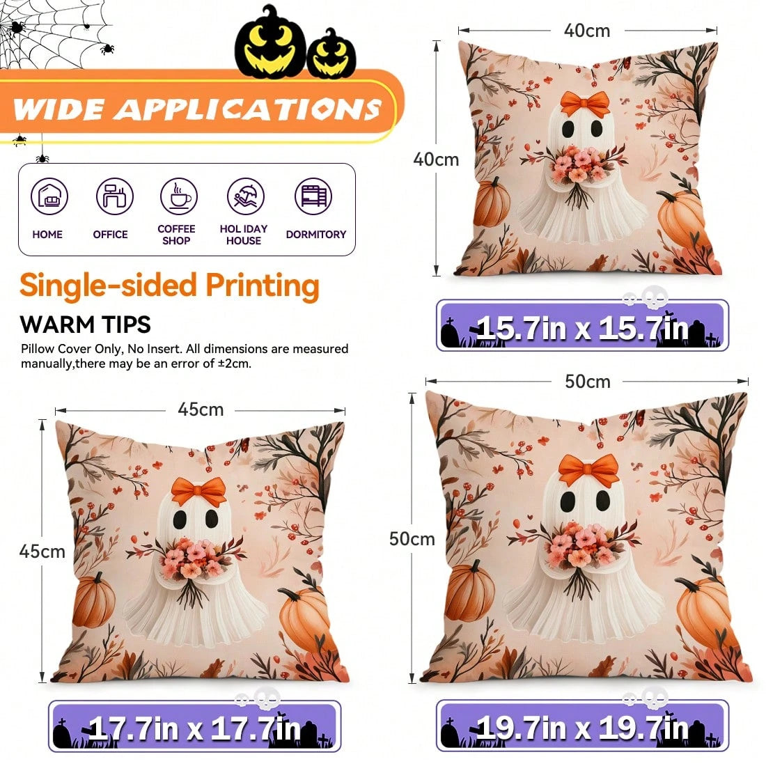 4pcs Halloween Ghost & Pumpkin Pattern Pillowcases/Cushion Covers, Single-Sided Print, Multi-Scene Atmosphere Decor Pillowcases Suitable For Living Room, Sofa, Bedroom, Pillow Inserts Not Included