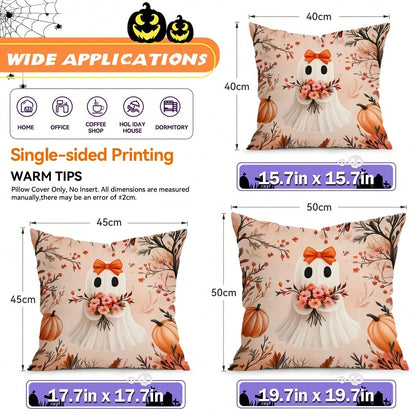 4pcs Halloween Ghost & Pumpkin Pattern Pillowcases/Cushion Covers, Single-Sided Print, Multi-Scene Atmosphere Decor Pillowcases Suitable For Living Room, Sofa, Bedroom, Pillow Inserts Not Included
