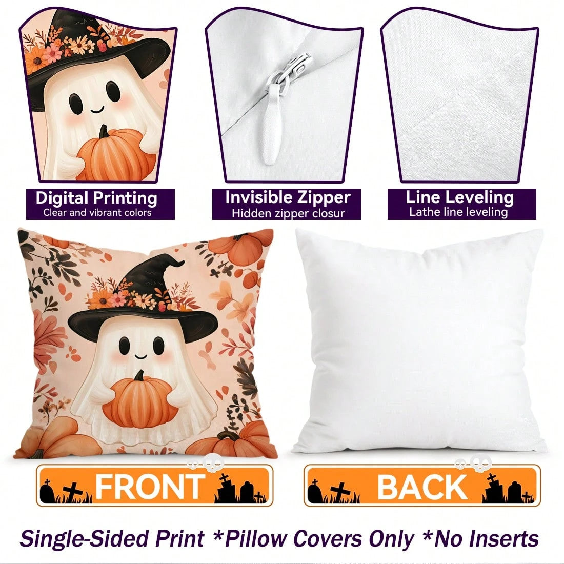 4pcs Halloween Ghost & Pumpkin Pattern Pillowcases/Cushion Covers, Single-Sided Print, Multi-Scene Atmosphere Decor Pillowcases Suitable For Living Room, Sofa, Bedroom, Pillow Inserts Not Included