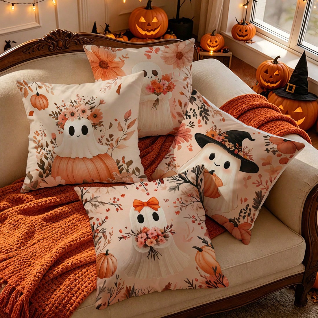 4pcs Halloween Ghost & Pumpkin Pattern Pillowcases/Cushion Covers, Single-Sided Print, Multi-Scene Atmosphere Decor Pillowcases Suitable For Living Room, Sofa, Bedroom, Pillow Inserts Not Included