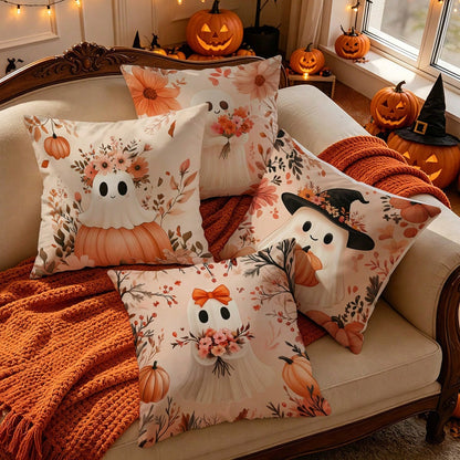 4pcs Halloween Ghost & Pumpkin Pattern Pillowcases/Cushion Covers, Single-Sided Print, Multi-Scene Atmosphere Decor Pillowcases Suitable For Living Room, Sofa, Bedroom, Pillow Inserts Not Included