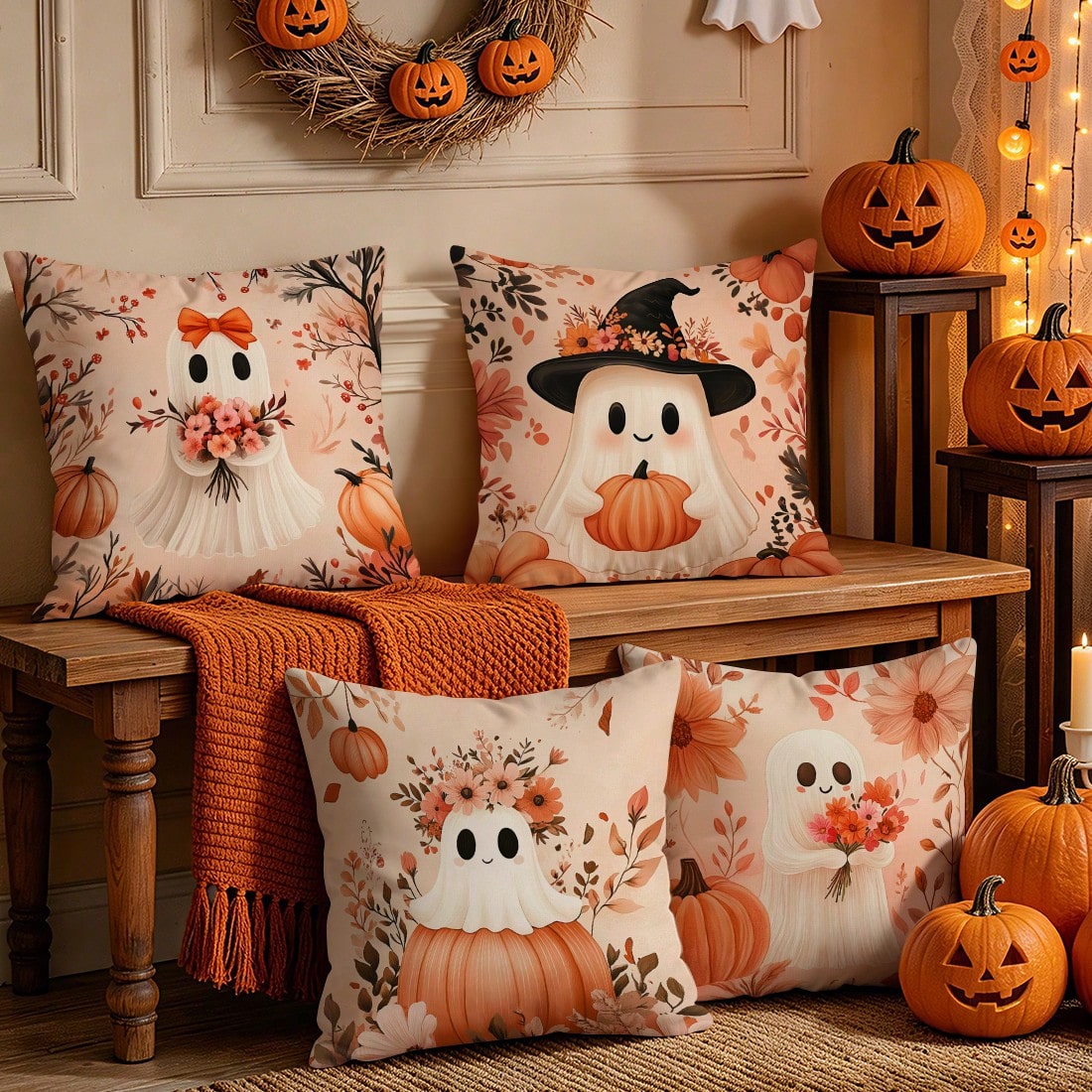 4pcs Halloween Ghost & Pumpkin Pattern Pillowcases/Cushion Covers, Single-Sided Print, Multi-Scene Atmosphere Decor Pillowcases Suitable For Living Room, Sofa, Bedroom, Pillow Inserts Not Included