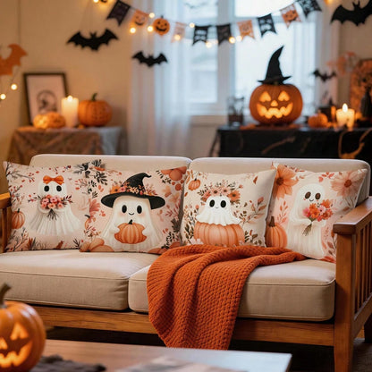 4pcs Halloween Ghost & Pumpkin Pattern Pillowcases/Cushion Covers, Single-Sided Print, Multi-Scene Atmosphere Decor Pillowcases Suitable For Living Room, Sofa, Bedroom, Pillow Inserts Not Included