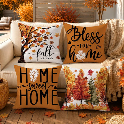 4pcs Minimalist Autumn Forest Maple Leaf Pattern Cushion Covers, Single-Sided Printed Skin-Friendly Peach Skin Velvet Material, 45*45/40*40/50*50CM Pillow Covers Suitable For Room Decor, Indoor Sofa L