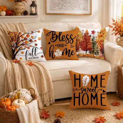 4pcs Minimalist Autumn Forest Maple Leaf Pattern Cushion Covers, Single-Sided Printed Skin-Friendly Peach Skin Velvet Material, 45*45/40*40/50*50CM Pillow Covers Suitable For Room Decor, Indoor Sofa L