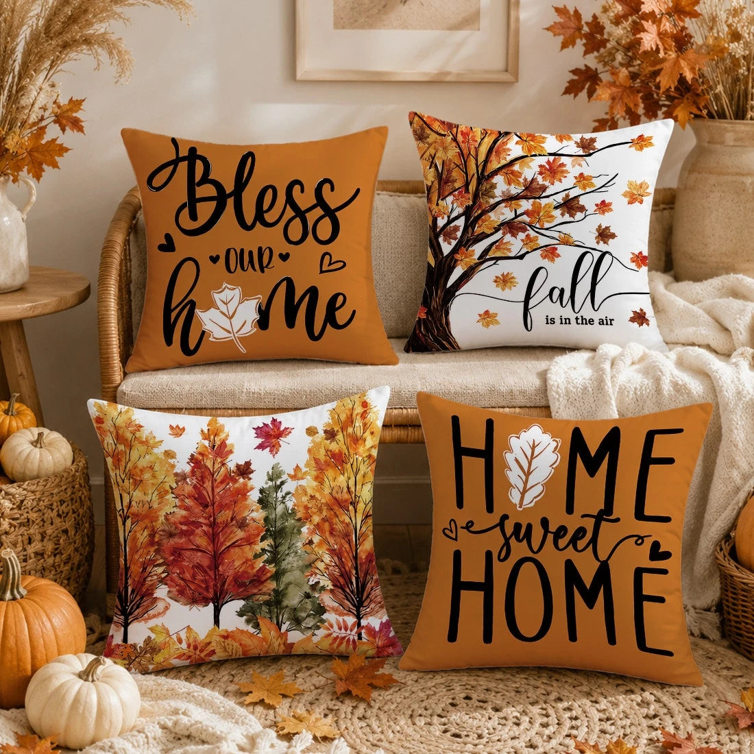 4pcs Minimalist Autumn Forest Maple Leaf Pattern Cushion Covers, Single-Sided Printed Skin-Friendly Peach Skin Velvet Material, 45*45/40*40/50*50CM Pillow Covers Suitable For Room Decor, Indoor Sofa L
