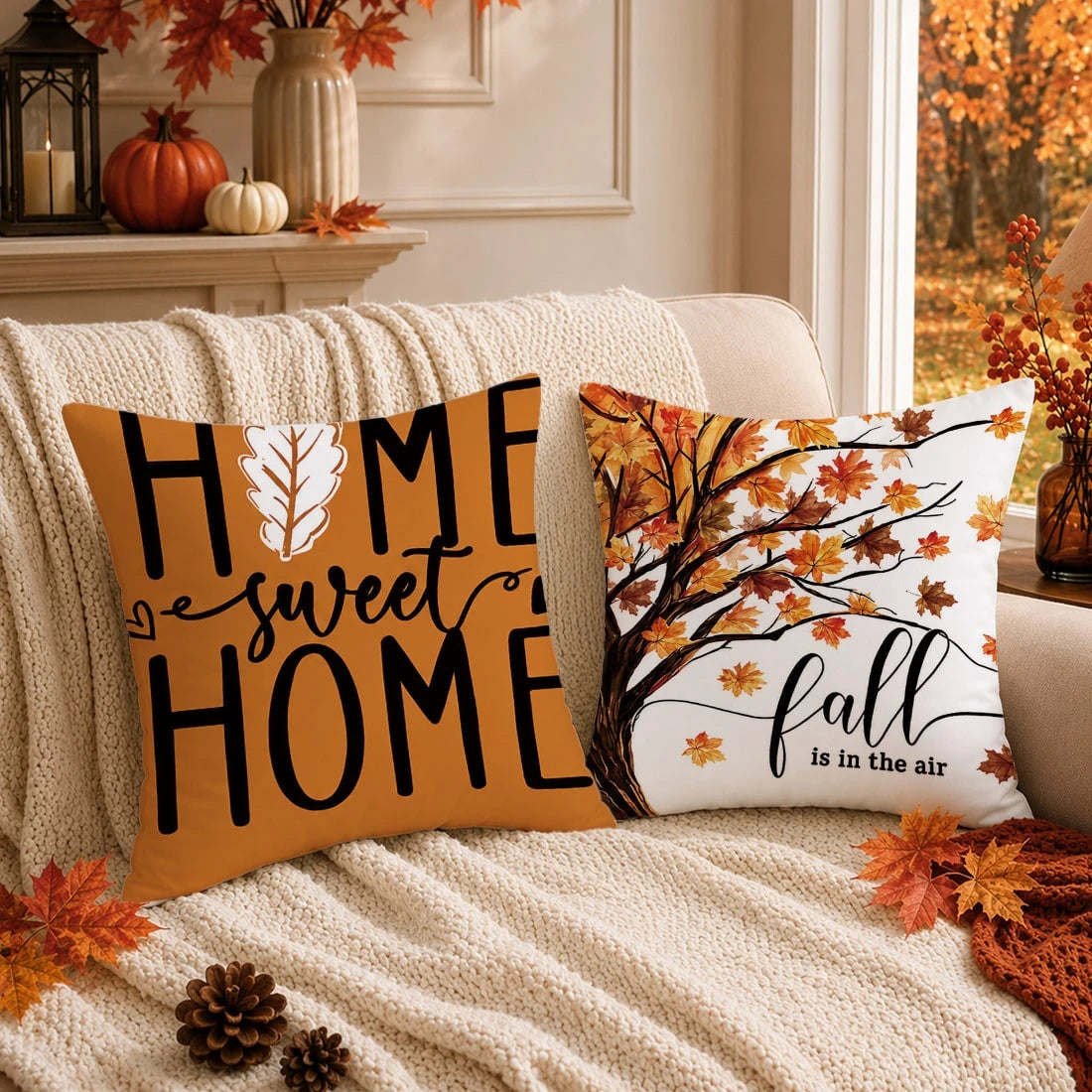 4pcs Minimalist Autumn Forest Maple Leaf Pattern Cushion Covers, Single-Sided Printed Skin-Friendly Peach Skin Velvet Material, 45*45/40*40/50*50CM Pillow Covers Suitable For Room Decor, Indoor Sofa L