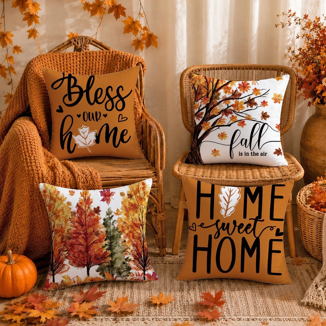 4pcs Minimalist Autumn Forest Maple Leaf Pattern Cushion Covers, Single-Sided Printed Skin-Friendly Peach Skin Velvet Material, 45*45/40*40/50*50CM Pillow Covers Suitable For Room Decor, Indoor Sofa L