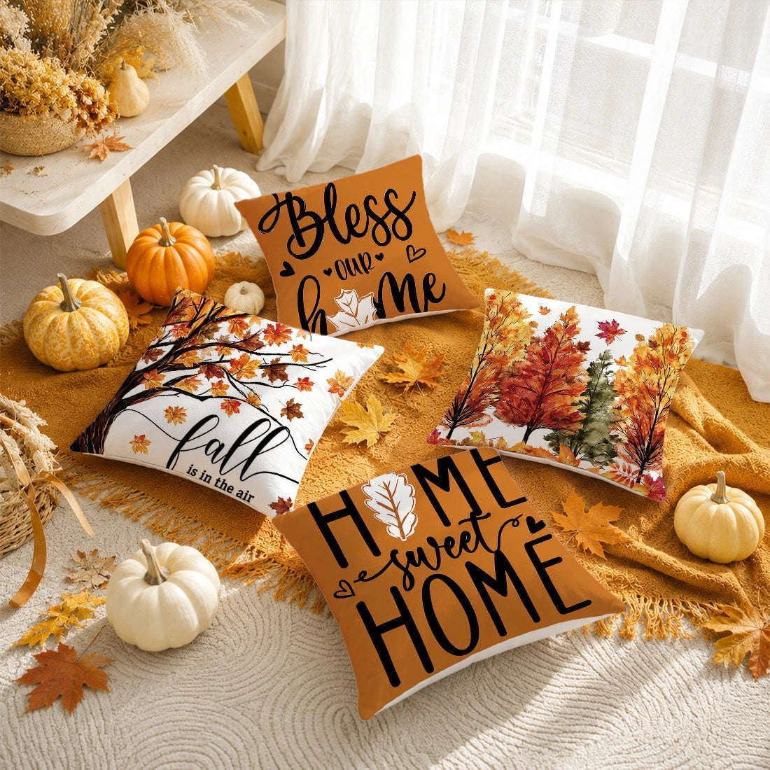 4pcs Minimalist Autumn Forest Maple Leaf Pattern Cushion Covers, Single-Sided Printed Skin-Friendly Peach Skin Velvet Material, 45*45/40*40/50*50CM Pillow Covers Suitable For Room Decor, Indoor Sofa L