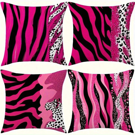 4pcs Modern Pink And Black Zebra Stripe Pillowcases, Soft Comfortable Smooth Touch Polyester Short Plush Fabric, Double-Sided Printed Pattern, Does Not Include Pillow Insert, Elegant Polyester Home De