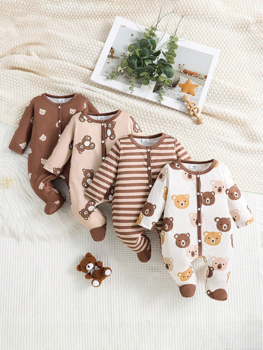 4pcs Newborn Simple Cute Bear Print Footie Pajamas, Long Sleeve Romper & Pants Set, Suitable For Baby Boys And Girls