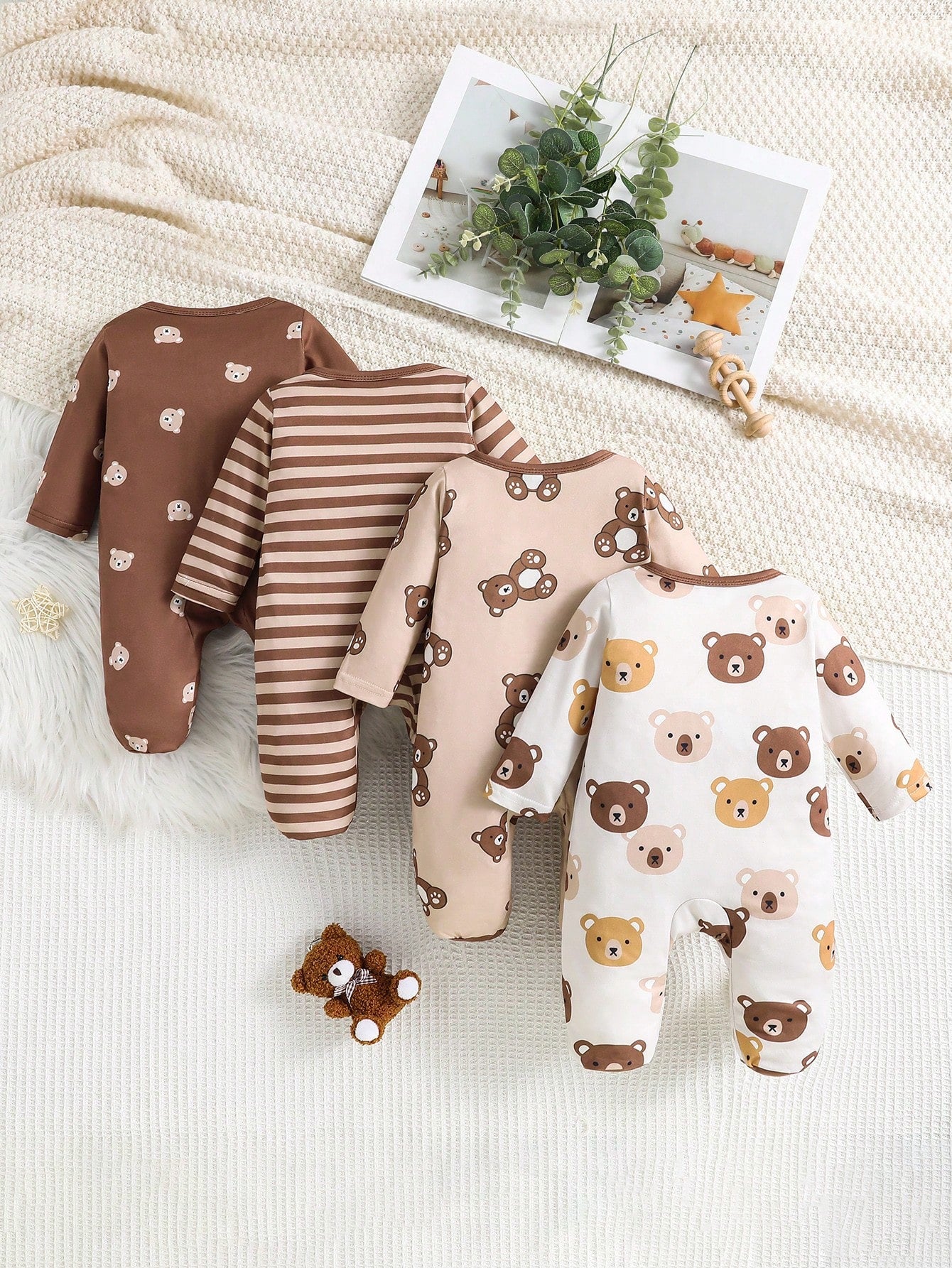 4pcs Newborn Simple Cute Bear Print Footie Pajamas, Long Sleeve Romper & Pants Set, Suitable For Baby Boys And Girls
