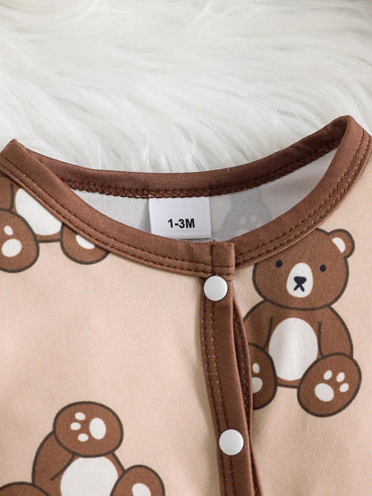 4pcs Newborn Simple Cute Bear Print Footie Pajamas, Long Sleeve Romper & Pants Set, Suitable For Baby Boys And Girls