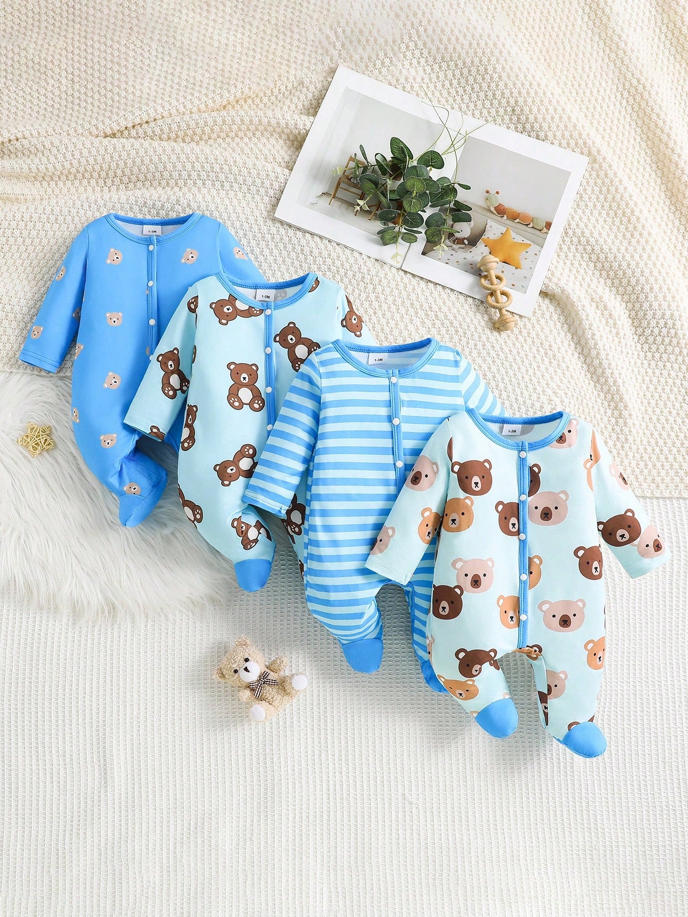 4pcs Newborn Simple Cute Bear Print Footie Pajamas, Long Sleeve Romper & Pants Set, Suitable For Baby Boys And Girls