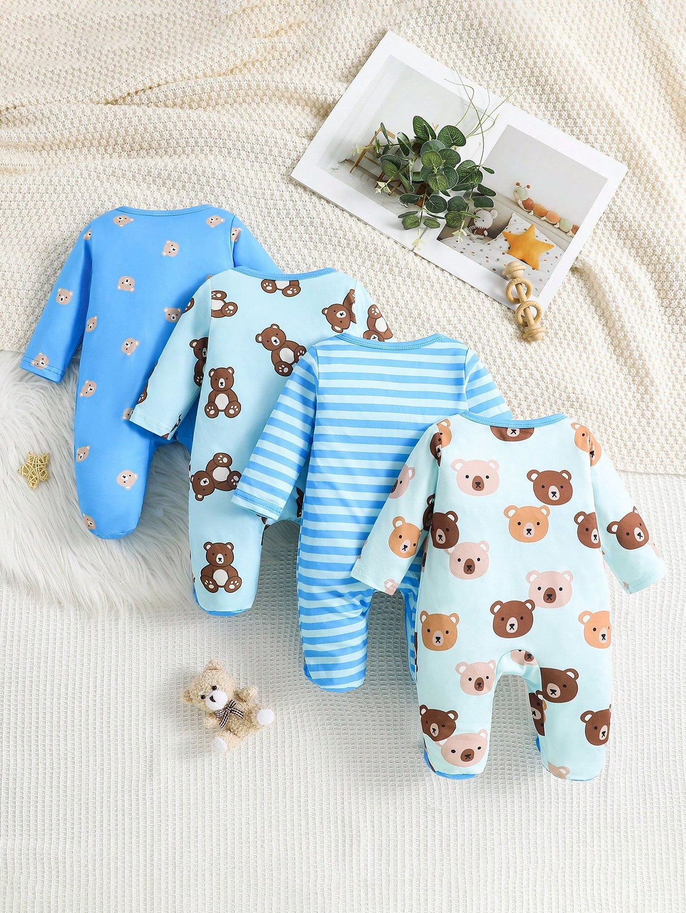 4pcs Newborn Simple Cute Bear Print Footie Pajamas, Long Sleeve Romper & Pants Set, Suitable For Baby Boys And Girls