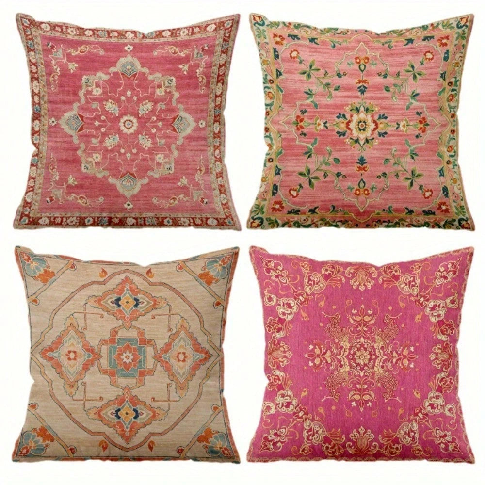 4Pcs Pink And White Medallion Pattern Throw Pillow Covers- 17.7*17.7 Inches, Single-Sided Print, Decor For Living Room, Patio Porch, Office, Car, Hostel, Machine Washable With Zipper (No Pillow)
