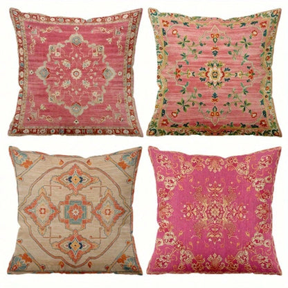 4Pcs Pink And White Medallion Pattern Throw Pillow Covers- 17.7*17.7 Inches, Single-Sided Print, Decor For Living Room, Patio Porch, Office, Car, Hostel, Machine Washable With Zipper (No Pillow)