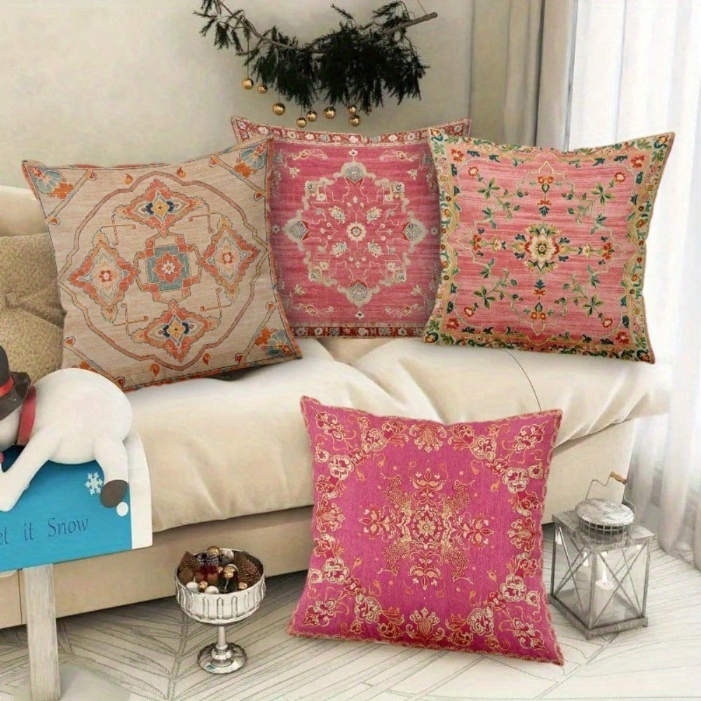 4Pcs Pink And White Medallion Pattern Throw Pillow Covers- 17.7*17.7 Inches, Single-Sided Print, Decor For Living Room, Patio Porch, Office, Car, Hostel, Machine Washable With Zipper (No Pillow)