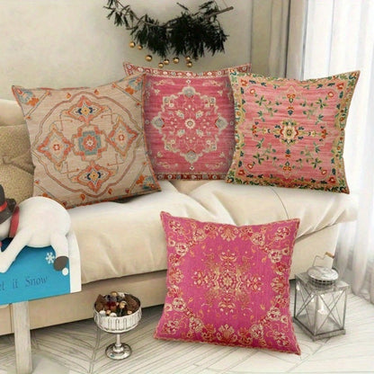 4Pcs Pink And White Medallion Pattern Throw Pillow Covers- 17.7*17.7 Inches, Single-Sided Print, Decor For Living Room, Patio Porch, Office, Car, Hostel, Machine Washable With Zipper (No Pillow)