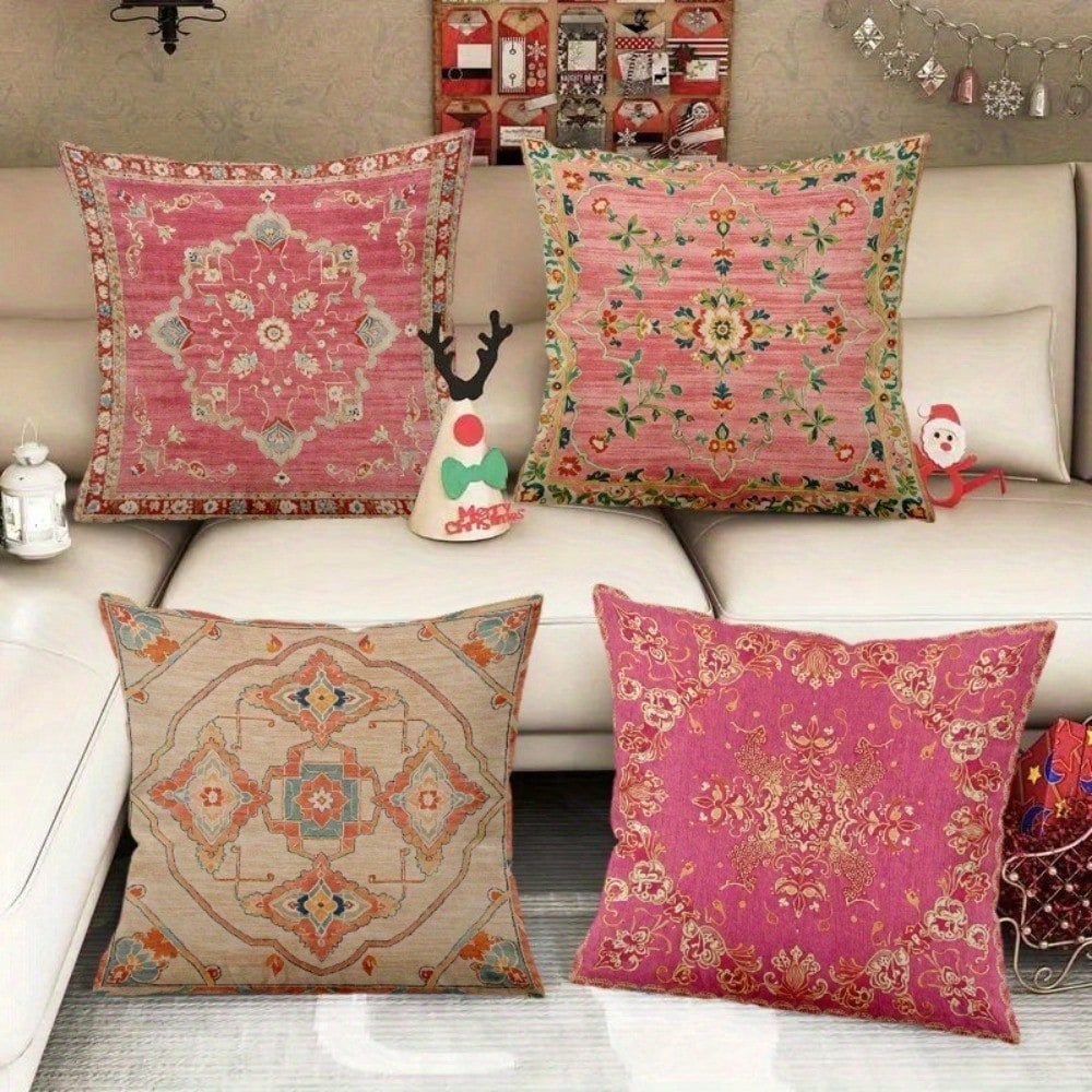 4Pcs Pink And White Medallion Pattern Throw Pillow Covers- 17.7*17.7 Inches, Single-Sided Print, Decor For Living Room, Patio Porch, Office, Car, Hostel, Machine Washable With Zipper (No Pillow)