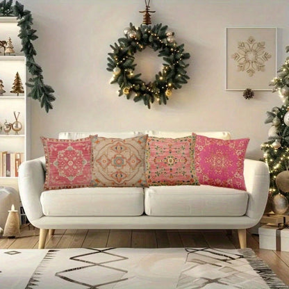 4Pcs Pink And White Medallion Pattern Throw Pillow Covers- 17.7*17.7 Inches, Single-Sided Print, Decor For Living Room, Patio Porch, Office, Car, Hostel, Machine Washable With Zipper (No Pillow)