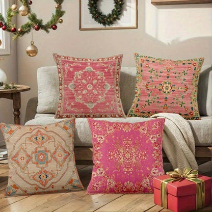 4Pcs Pink And White Medallion Pattern Throw Pillow Covers- 17.7*17.7 Inches, Single-Sided Print, Decor For Living Room, Patio Porch, Office, Car, Hostel, Machine Washable With Zipper (No Pillow)