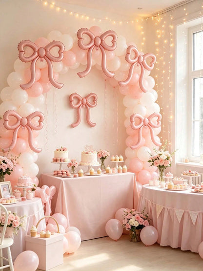4pcs Pink Bow Foil Balloons, Girls Birthday Decoration Balloons, Girls Room Decor, Kids Birthday Party Decoration, Large Matte Bow Balloons, Suitable For Birthday Party And Background Wall Decoration