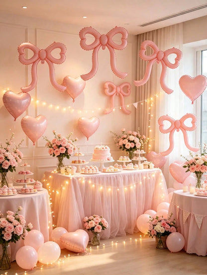 4pcs Pink Bow Foil Balloons, Girls Birthday Decoration Balloons, Girls Room Decor, Kids Birthday Party Decoration, Large Matte Bow Balloons, Suitable For Birthday Party And Background Wall Decoration