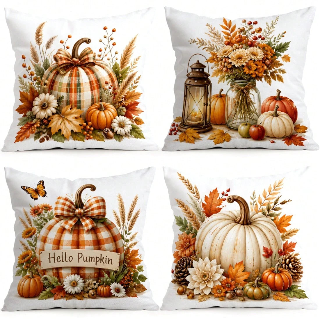 4pcs Plaid Bow Pumpkin Autumn Pattern Single-Sided Printed Pillow Covers/Cushion Covers, Multi-Scene Atmosphere Decoration Pillow Covers Suitable For Living Room Sofa Bedroom, Without Pillow Insert, 4