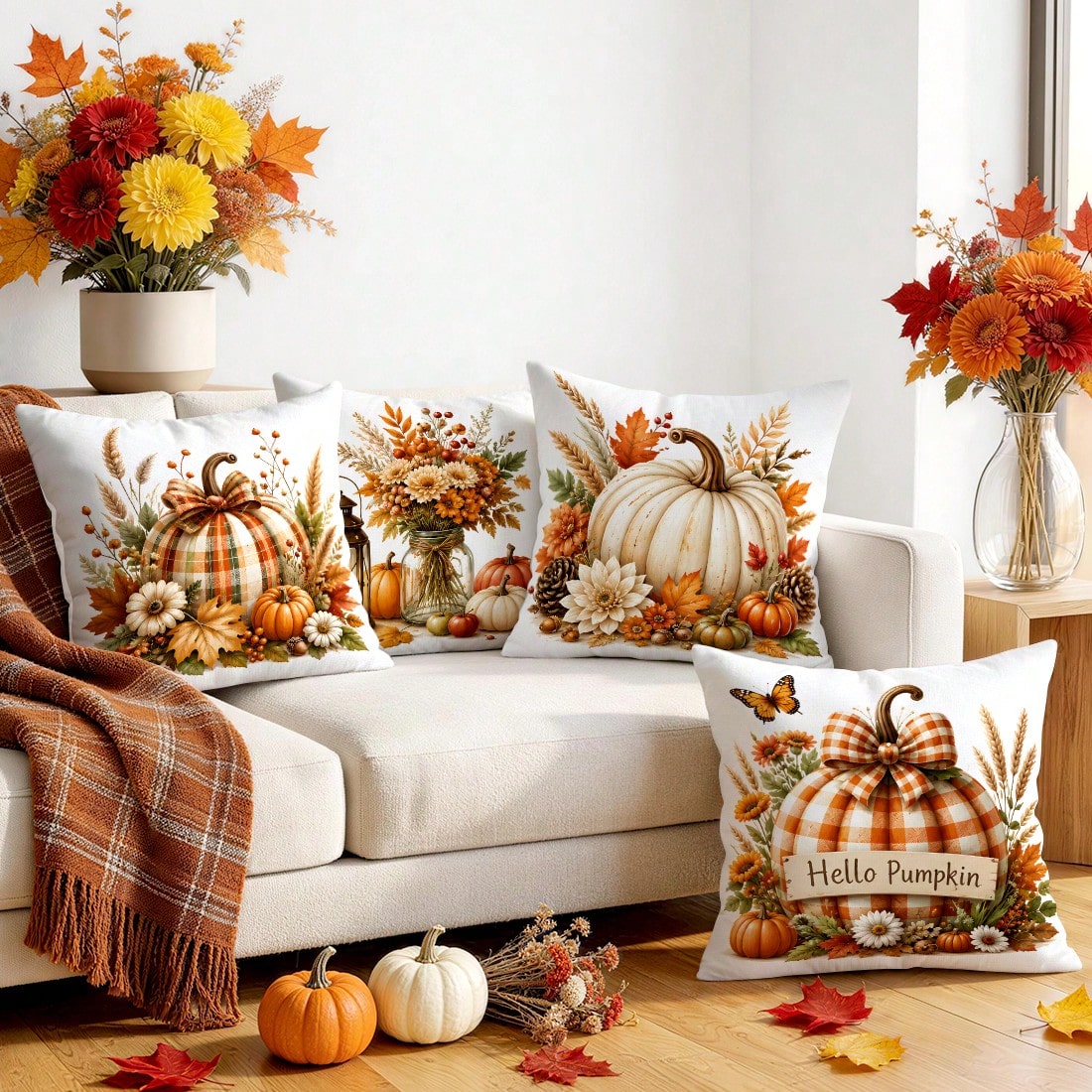 4pcs Plaid Bow Pumpkin Autumn Pattern Single-Sided Printed Pillow Covers/Cushion Covers, Multi-Scene Atmosphere Decoration Pillow Covers Suitable For Living Room Sofa Bedroom, Without Pillow Insert, 4