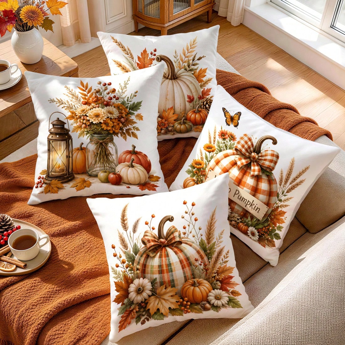 4pcs Plaid Bow Pumpkin Autumn Pattern Single-Sided Printed Pillow Covers/Cushion Covers, Multi-Scene Atmosphere Decoration Pillow Covers Suitable For Living Room Sofa Bedroom, Without Pillow Insert, 4