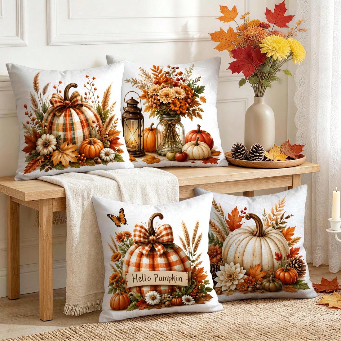 4pcs Plaid Bow Pumpkin Autumn Pattern Single-Sided Printed Pillow Covers/Cushion Covers, Multi-Scene Atmosphere Decoration Pillow Covers Suitable For Living Room Sofa Bedroom, Without Pillow Insert, 4