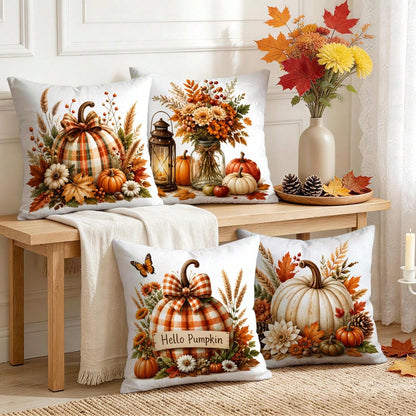 4pcs Plaid Bow Pumpkin Autumn Pattern Single-Sided Printed Pillow Covers/Cushion Covers, Multi-Scene Atmosphere Decoration Pillow Covers Suitable For Living Room Sofa Bedroom, Without Pillow Insert, 4