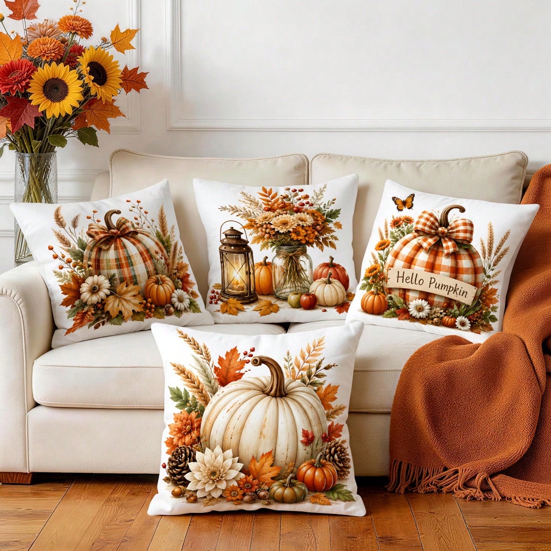 4pcs Plaid Bow Pumpkin Autumn Pattern Single-Sided Printed Pillow Covers/Cushion Covers, Multi-Scene Atmosphere Decoration Pillow Covers Suitable For Living Room Sofa Bedroom, Without Pillow Insert, 4