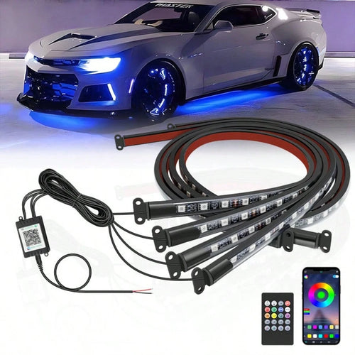 4pcs Set Of Colorful Car LED Chassis Light Strips, Remote Control APP Dual-Control Atmosphere Light, DC12V Universal Atmosphere Light High Brightness Neon Light, Suitable For Cars, Pickups, SUVs, Etc.