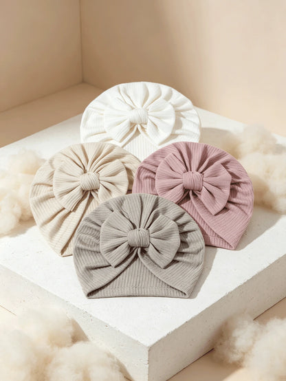 4PCS Soft Ribbed Baby Girl Turban Hats Large Bow Beanies Stretchy Headwraps For Back-To-School Wedding Party & Gift, 2026 New Summer Fall Arrival
