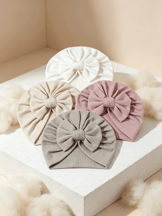 4PCS Soft Ribbed Baby Girl Turban Hats Large Bow Beanies Stretchy Headwraps For Back-To-School Wedding Party & Gift, 2026 New Summer Fall Arrival