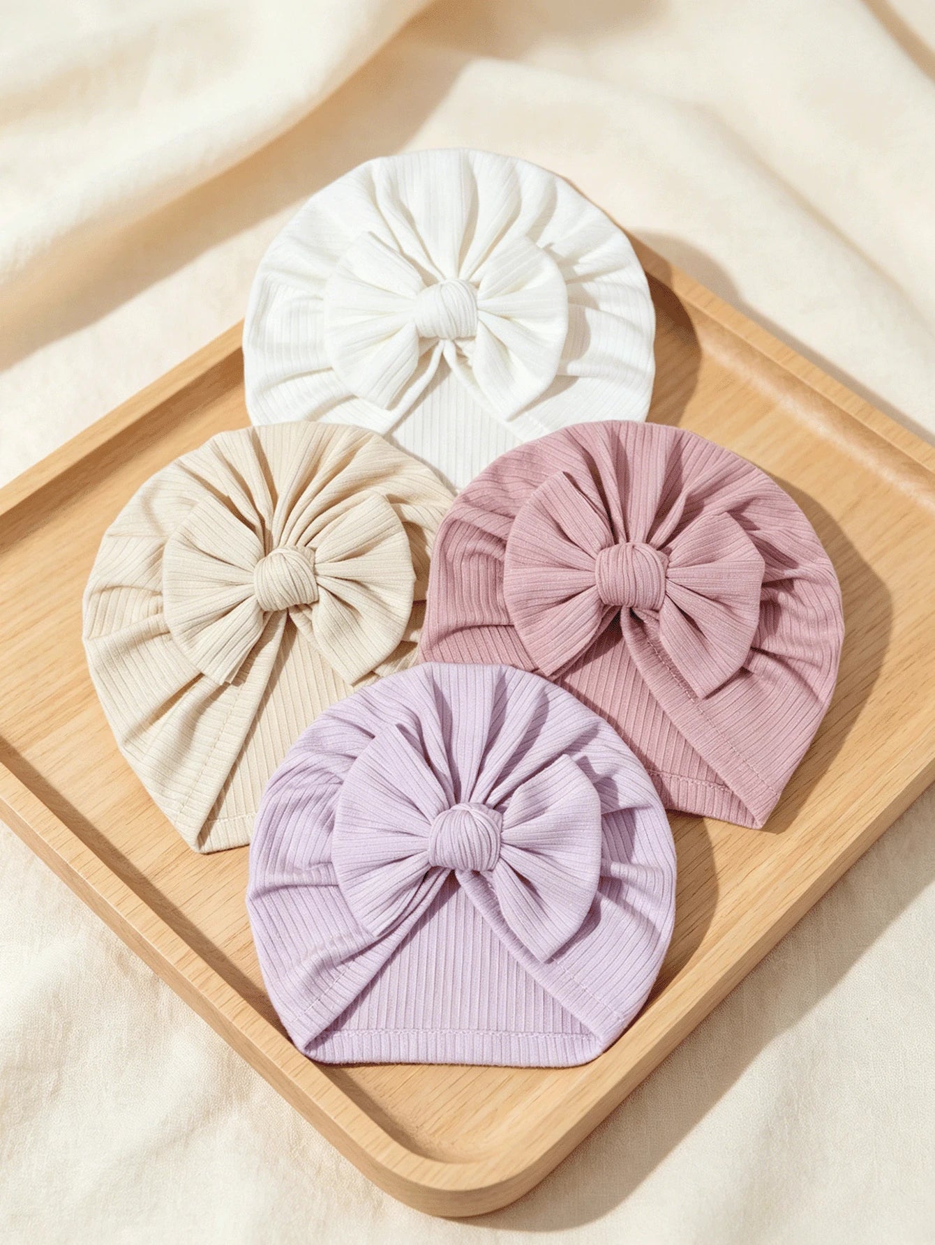 4PCS Soft Ribbed Baby Girl Turban Hats Large Bow Beanies Stretchy Headwraps For Back-To-School Wedding Party & Gift, 2026 New Summer Fall Arrival