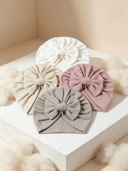 4PCS Soft Ribbed Baby Girl Turban Hats Large Bow Beanies Stretchy Headwraps For Back-To-School Wedding Party & Gift, 2026 New Summer Fall Arrival