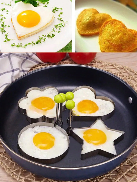 4pcs Stainless Steel Fried Egg Mold, Pancake & Egg Shaper For Cooking And Decorating, Kitchen Accessories, Egg Ring Mold, Fried Egg Mold, DIY Fried Egg Mold, Creative Egg Mold, Cooking Egg Ring Mold