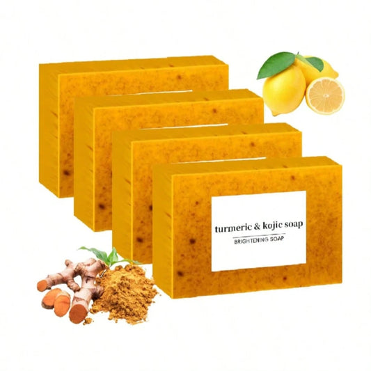 4PCS Turmeric Lemon Kojic Acid Soap (100g Each), Suitable For Face, Body, And Cleansing. Handmade Soap With Rich Lather, Deeply Cleanses And Softens Skin. Handcrafted, This Facial Soap Helps Fade Dark