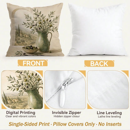 4pcs Vintage Olive Plant Themed Pattern Single-Sided Printed Pillow Covers/Cushion Covers, Multi-Scene Atmosphere Decorative Pillow Covers Suitable For Living Room, Sofa, Bedroom, Without Pillow Inser