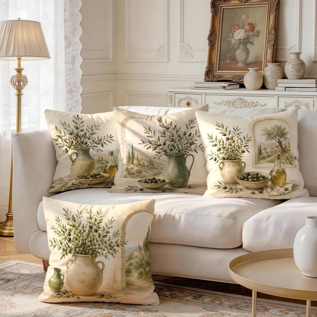 4pcs Vintage Olive Plant Themed Pattern Single-Sided Printed Pillow Covers/Cushion Covers, Multi-Scene Atmosphere Decorative Pillow Covers Suitable For Living Room, Sofa, Bedroom, Without Pillow Inser